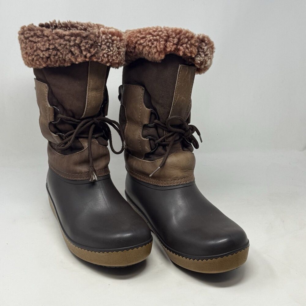 LL Bean Duck Boots Womens 10 Brown Leather Rubber Mid Calf Faux Fur Line Vintage